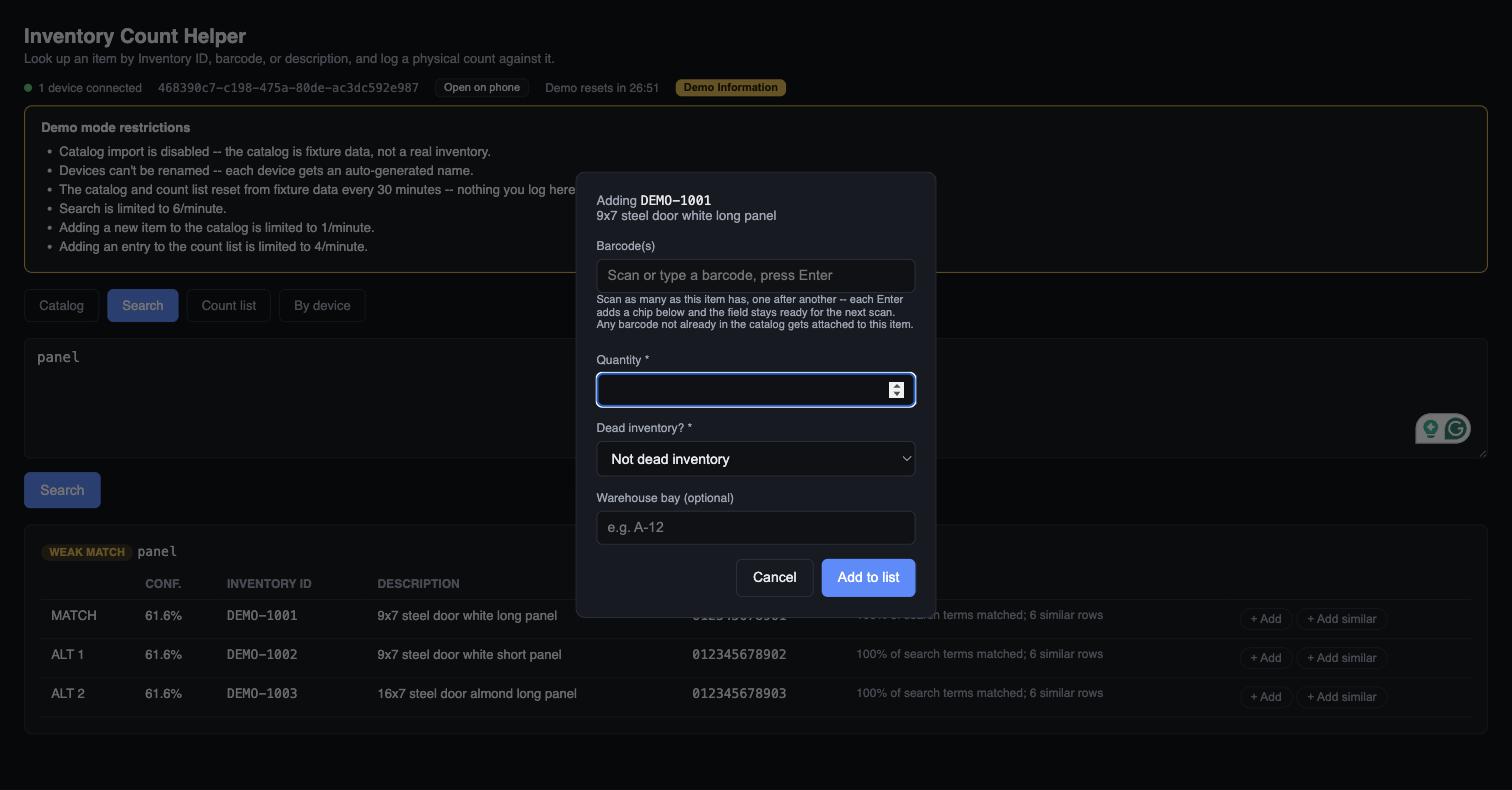 Add-to-count-list dialog for a matched item, with barcode scan field, quantity, a dead-inventory toggle, and an optional warehouse bay