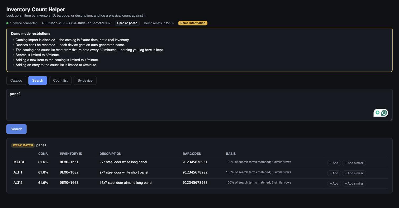 Search screen showing a weak-match result for the query 'panel': a ranked match plus two alternates, each with a confidence score, inventory ID, description, barcode, and an explainable basis line