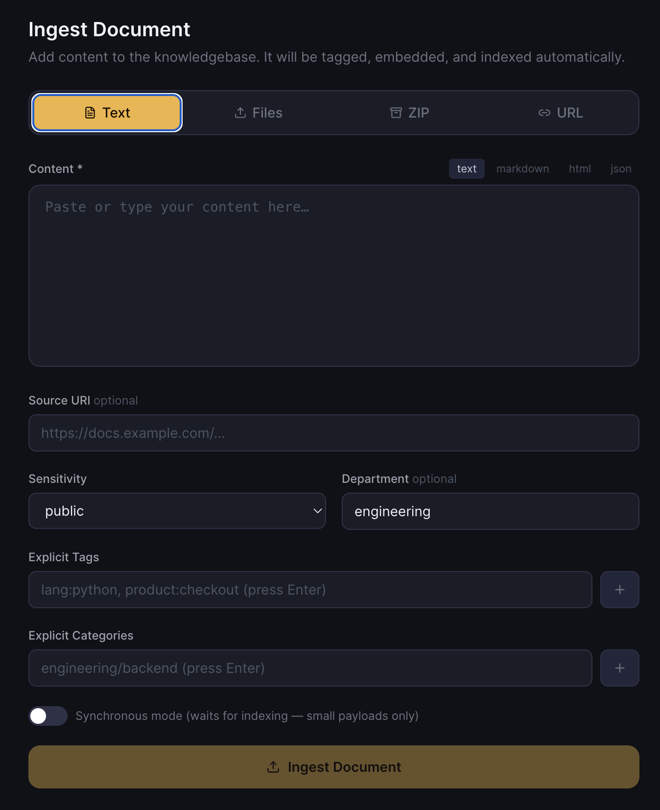 Document ingestion form with sensitivity, department, and explicit tag and category fields